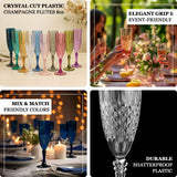 Crystal cut plastic champagne flutes in assorted colors, 8oz capacity.