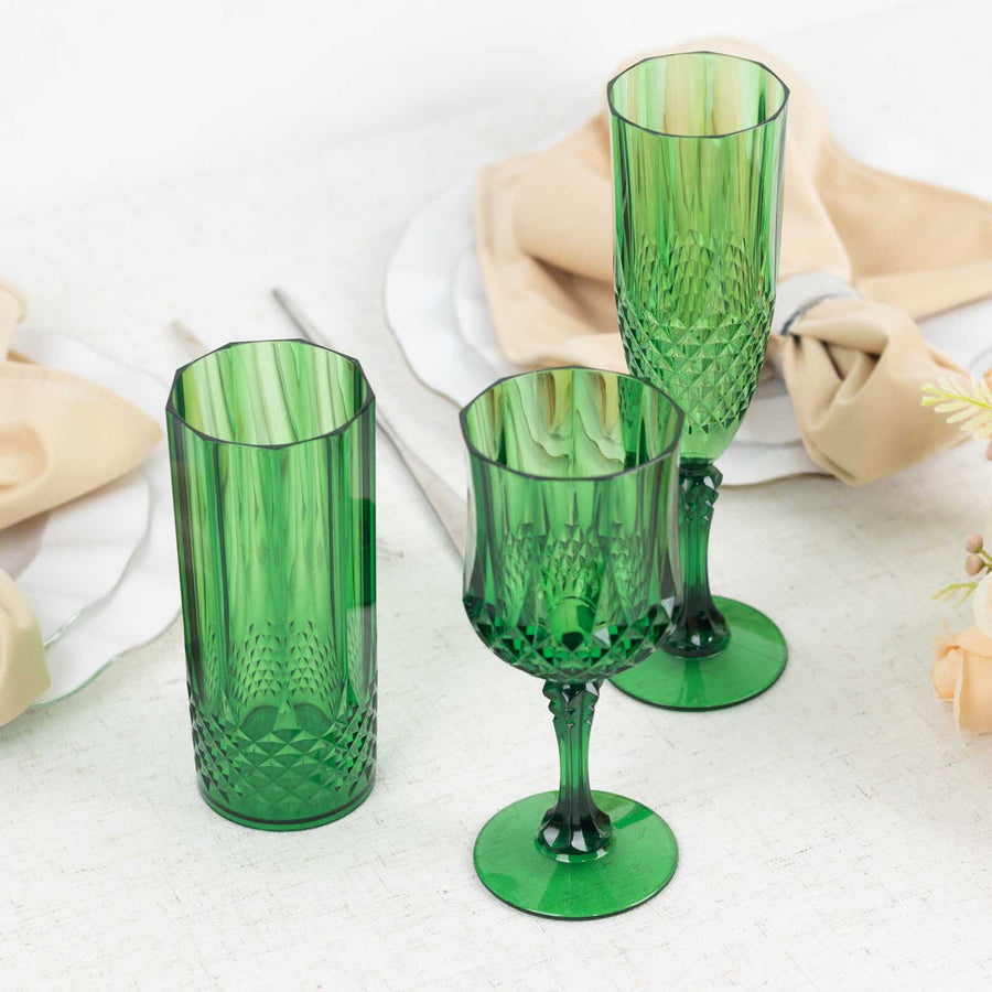 6 Pack 8oz Hunter Emerald Green Crystal Cut Reusable Plastic Wedding Flute Glasses