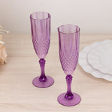 6 Pack Purple Crystal Cut Reusable Plastic Wedding Flute Glasses, 8oz Shatterproof Champagne Toast