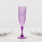 6 Pack Purple Crystal Cut Reusable Plastic Wedding Flute Glasses, 8oz Shatterproof Champagne Toast