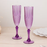 6 Pack Purple Crystal Cut Reusable Plastic Wedding Flute Glasses, 8oz Shatterproof Champagne Toast