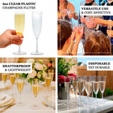 Clear plastic champagne flutes for versatile use, shatterproof and disposable.