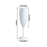 White champagne flute glass with dimensions 9 inches tall and 2.25 inches wide.
