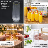 9oz stemless ribbed plastic champagne flutes with elegant gold rim