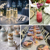 Elegant table setting with drinks, floral arrangements, and festive decor.