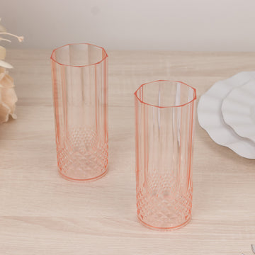 6 Pack 14oz Transparent Blush Crystal Cut Reusable Plastic Cocktail Tumbler Cups, Shatterproof Tall Highball Drink Glasses