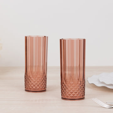 6 Pack 14oz Dusty Rose Crystal Cut Reusable Plastic Cocktail Tumbler Cups, Shatterproof Tall Highball Drink Glasses