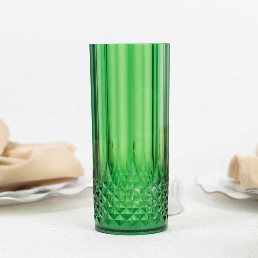 6 Pack 14oz Hunter Emerald Green Crystal Cut Reusable Plastic Cocktail Tumbler Cups, Shatterproof