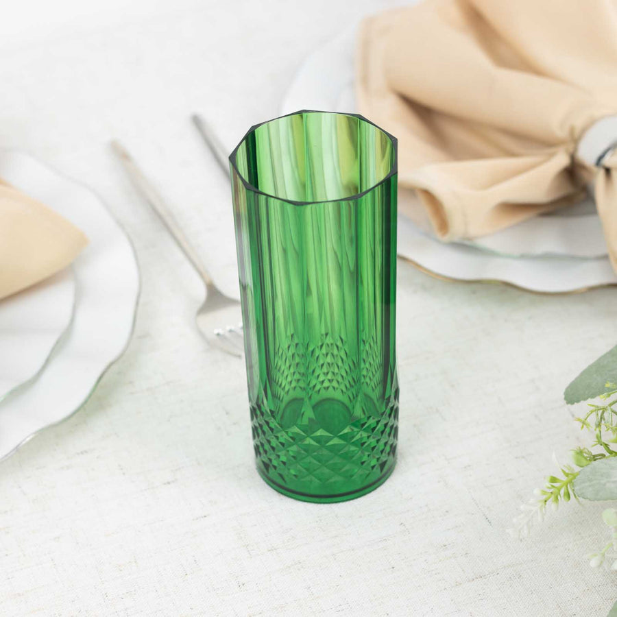6 Pack 14oz Hunter Emerald Green Crystal Cut Reusable Plastic Cocktail Tumbler Cups, Shatterproof