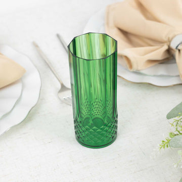 6 Pack 14oz Hunter Emerald Green Crystal Cut Reusable Plastic Cocktail Tumbler Cups, Shatterproof Tall Highball Drink Glasses