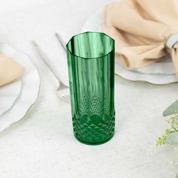 6 Pack 14oz Hunter Emerald Green Crystal Cut Reusable Plastic Cocktail Tumbler Cups, Shatterproof Tall Highball Drink Glasses