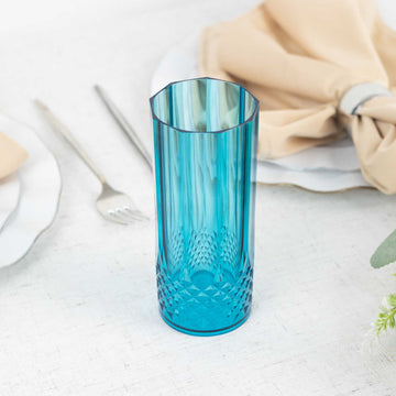 6 Pack 14oz Ocean Blue Crystal Cut Reusable Plastic Cocktail Tumbler Cups, Shatterproof Tall Highball Drink Glasses