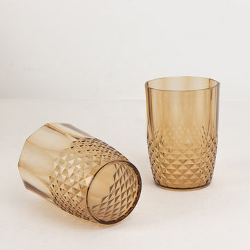 6 Pack Amber Gold Reusable Plastic Tumbler Glasses in Crystal Cut Style, 16oz Shatterproof All-Purpose Cups