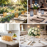 Elegant table settings with floral arrangements and decorative glassware in various settings.