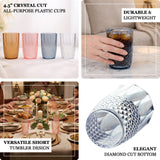 Elegant crystal cut plastic cups in various colors, perfect for any occasion.