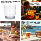 12-Pack Plastic Tumblers Reusable Hammered Cups 14oz – Clear with Gold Rim – Shatterproof Cocktail Drinkware