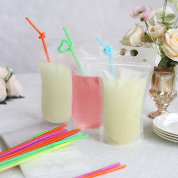 50 Pack Translucent Stand-Up Plastic Smoothie Drink Bags with Straws, 12oz Reusable Hand-Held Zipper Juice Pouches