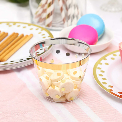 White plate with gold polka dots and matching glassware