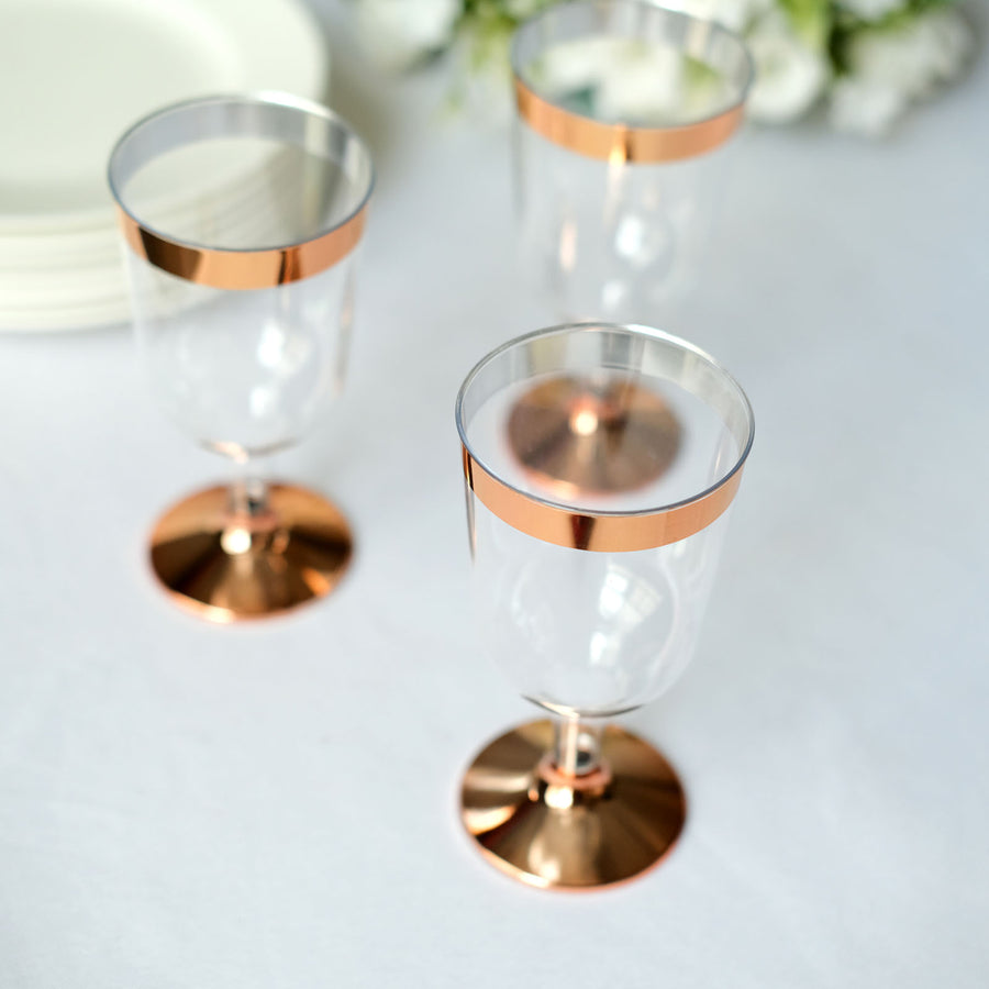 12 Pack | Clear 6oz Rose Gold Rim Plastic Wine Glasses Disposable Cups with Detachable Base