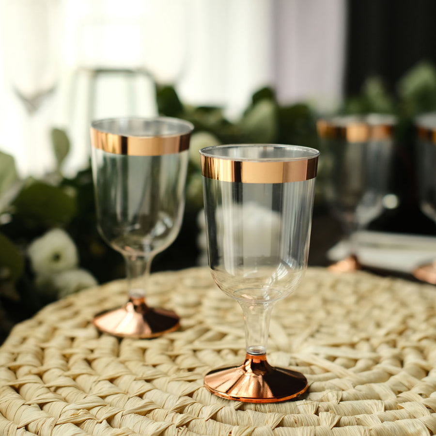 12 Pack | Clear 6oz Rose Gold Rim Plastic Wine Glasses Disposable Cups with Detachable Base
