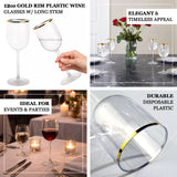 12oz gold rim plastic wine glasses with long stem, ideal for events and parties.