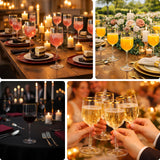Elegant table settings with cocktails and desserts for celebratory occasions.