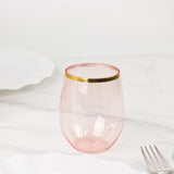 12 Pack Transparent Blush Plastic Stemless Wine Glasses with Gold Rim, 12oz Reusable Wine Tumbler