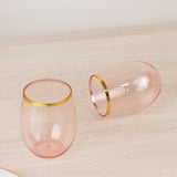 12 Pack Transparent Blush Plastic Stemless Wine Glasses with Gold Rim, 12oz Reusable Wine Tumbler