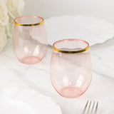 12 Pack Transparent Blush Plastic Stemless Wine Glasses with Gold Rim, 12oz Reusable Wine Tumbler