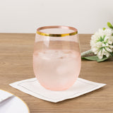 12 Pack Transparent Blush Plastic Stemless Wine Glasses with Gold Rim, 12oz Reusable Wine Tumbler