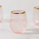 12 Pack Transparent Blush Plastic Stemless Wine Glasses with Gold Rim, 12oz Reusable Wine Tumbler