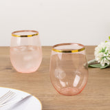 12 Pack Transparent Blush Plastic Stemless Wine Glasses with Gold Rim, 12oz Reusable Wine Tumbler