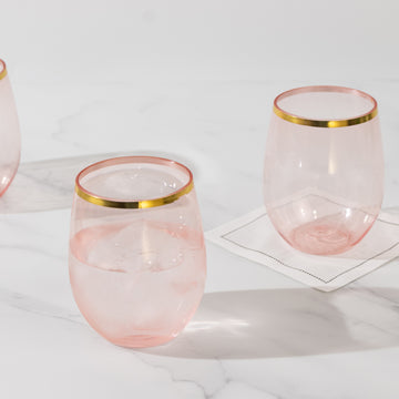 12 Pack Transparent Blush Plastic Stemless Wine Glasses with Gold Rim, 12oz Reusable Wine Tumblers