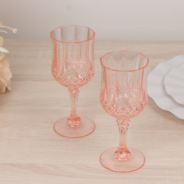 6 Pack 8oz Transparent Blush Crystal Cut Reusable Plastic Cocktail Goblets, Shatterproof Wine Glasses