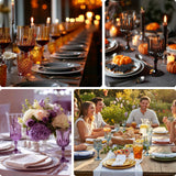 Elegant autumn dining setup with candles, vibrant tableware, and seasonal decor.