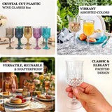 Assorted crystal cut plastic wine glasses in vibrant colors, 8oz capacity.