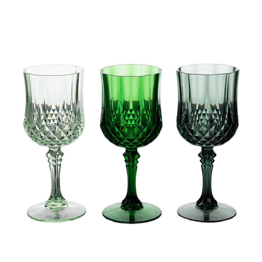 12 Pack 8oz Assorted Green Crystal Cut Reusable Plastic Cocktail Goblets, Shatterproof#whtbkgd