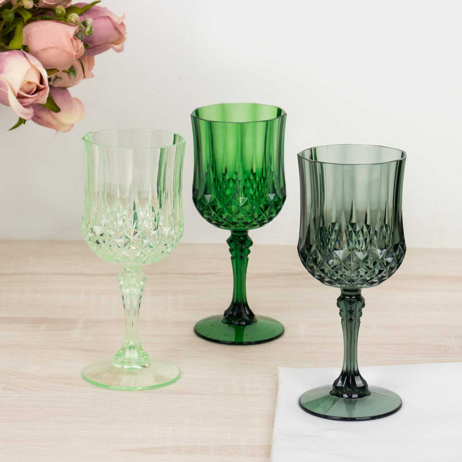 12 Pack 8oz Assorted Green Crystal Cut Reusable Plastic Cocktail Goblets, Shatterproof Wine Glasses