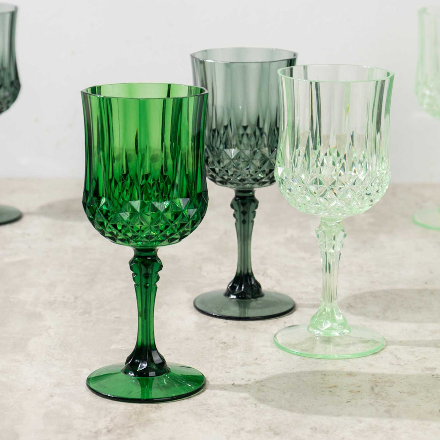 12 Pack 8oz Assorted Green Crystal Cut Reusable Plastic Cocktail Goblets, Shatterproof Wine Glasses