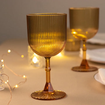 12 Pack Amber Gold Ribbed Reusable Plastic Wine Goblets, 9oz Shatterproof Vintage Drinking Glasses Water Goblets - 6.5"