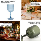 Vintage ribbed wine goblets in assorted colors for home and party use. Durable and reusable.
