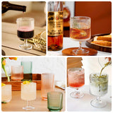 Assorted ribbed glassware for cocktails and beverages in various colors.