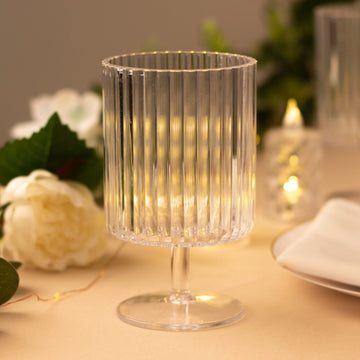 6 Pack Clear Reusable Plastic Wine Goblets with Vintage Ribbed Pattern, 12oz Short Stemmed Shatterproof Water Goblet Cocktail Glasses - 5.5"