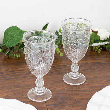 24-Pack Clear Plastic Wine Glasses 10oz – Vintage Goblets with Retro Embossed Design, Elegant Drinkware - 7" Tall