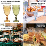 Plastic retro embossed wine goblets, elegant vintage design, durable and reusable.