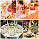 Elegant table settings with decorative glassware and fine china.