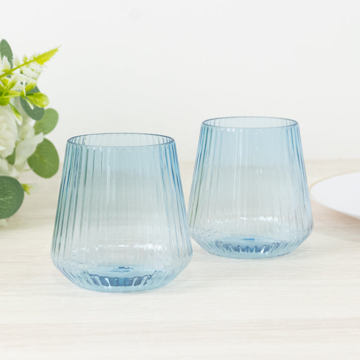 12-Pack Transparent Dusty Blue Plastic Stemless Wine Glasses – 12oz Ribbed Design, Reusable