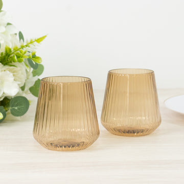 12-Pack Amber Gold Plastic Stemless Wine Glasses – 12oz Ribbed Design, Reusable Shatterproof Cocktail Tumblers