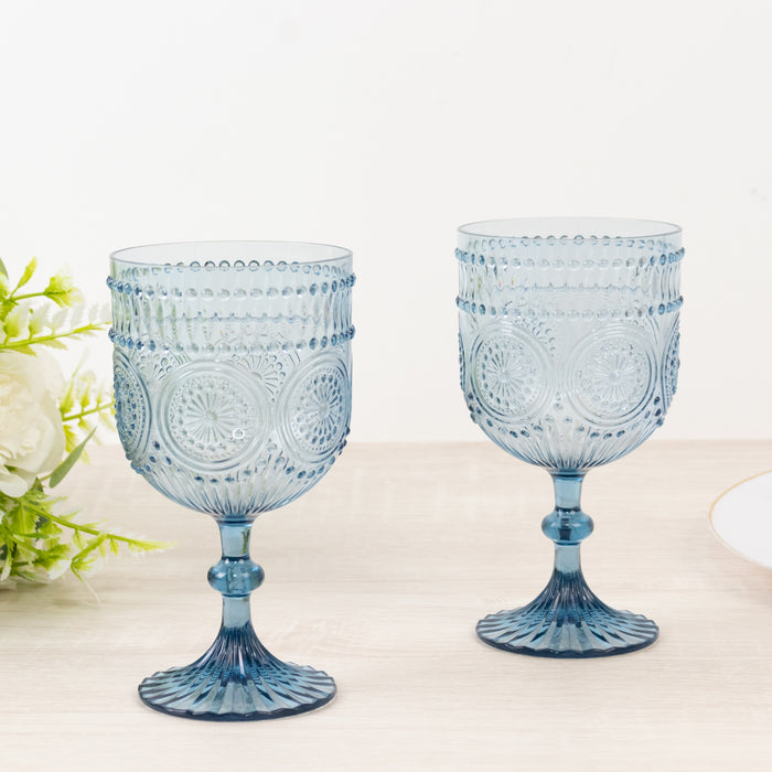 12 Pack Vintage Plastic Wine Goblets – 15oz Reusable Shatterproof Dusty Blue Embossed