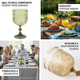 12 Pack Vintage Plastic Wine Goblets – 15oz Reusable Shatterproof Blush Embossed Floral